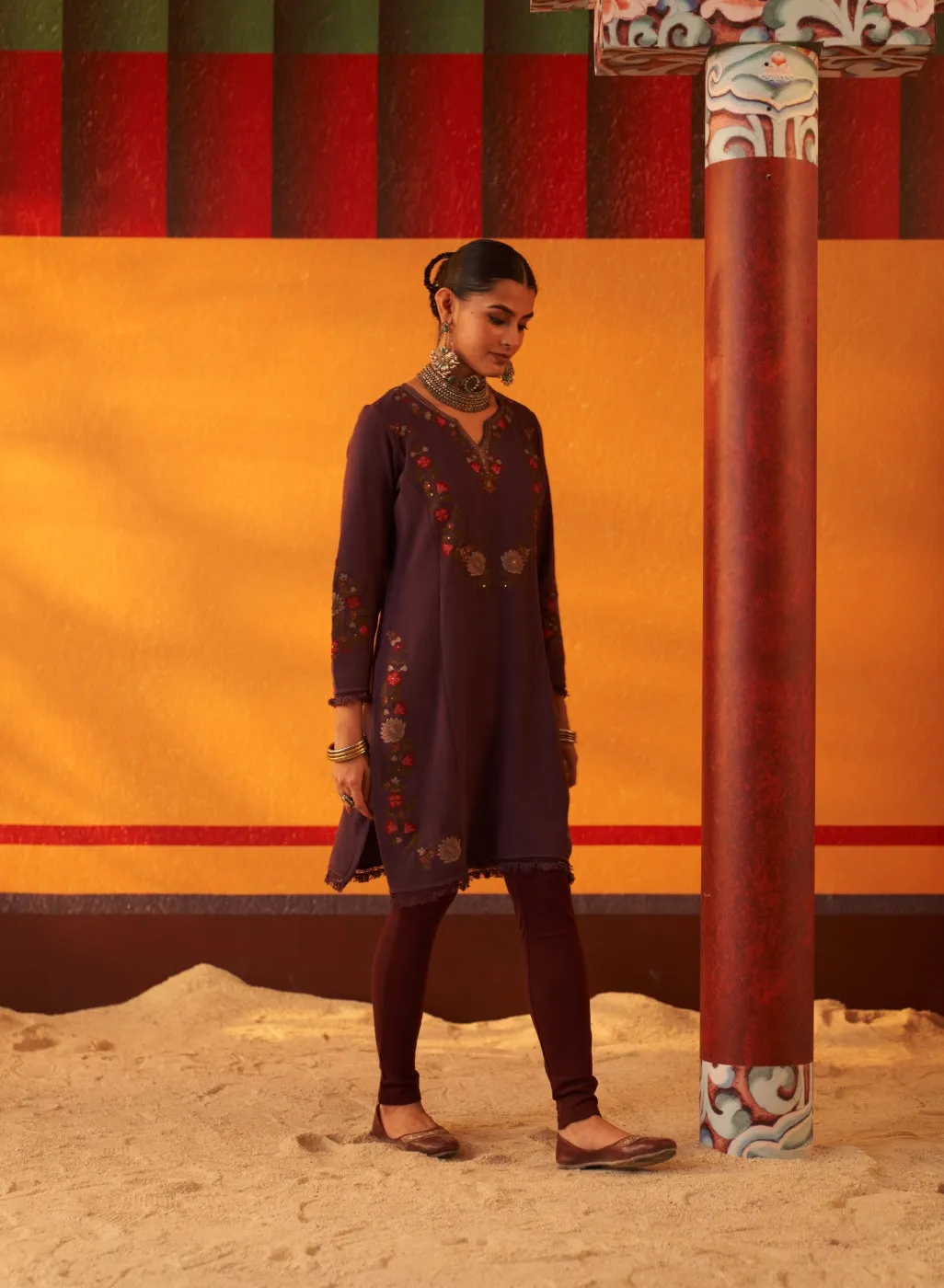 Dark Purple Woolen Kurta for Women with Thread Work and Lace Detailing 