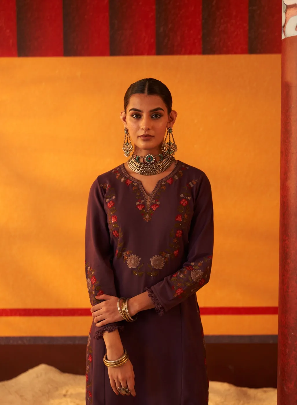 Dark Purple Woolen Kurta for Women with Thread Work and Lace Detailing 