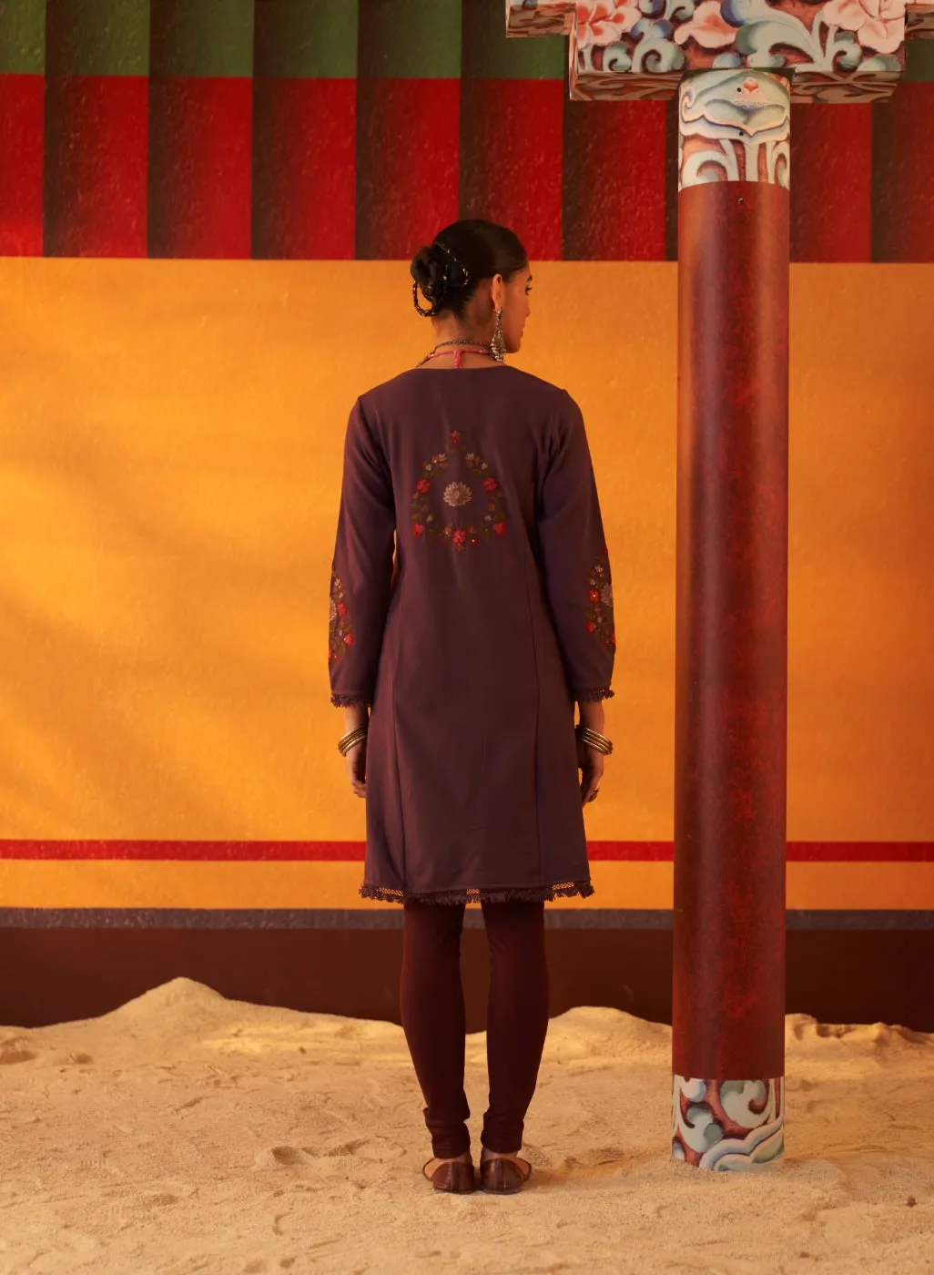 Dark Purple Woolen Kurta for Women with Thread Work and Lace Detailing 