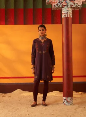 Dark Purple Woolen Kurta for Women with Thread Work and Lace Detailing 