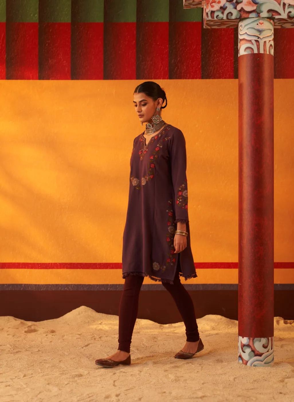 Dark Purple Woolen Kurta for Women with Thread Work and Lace Detailing 