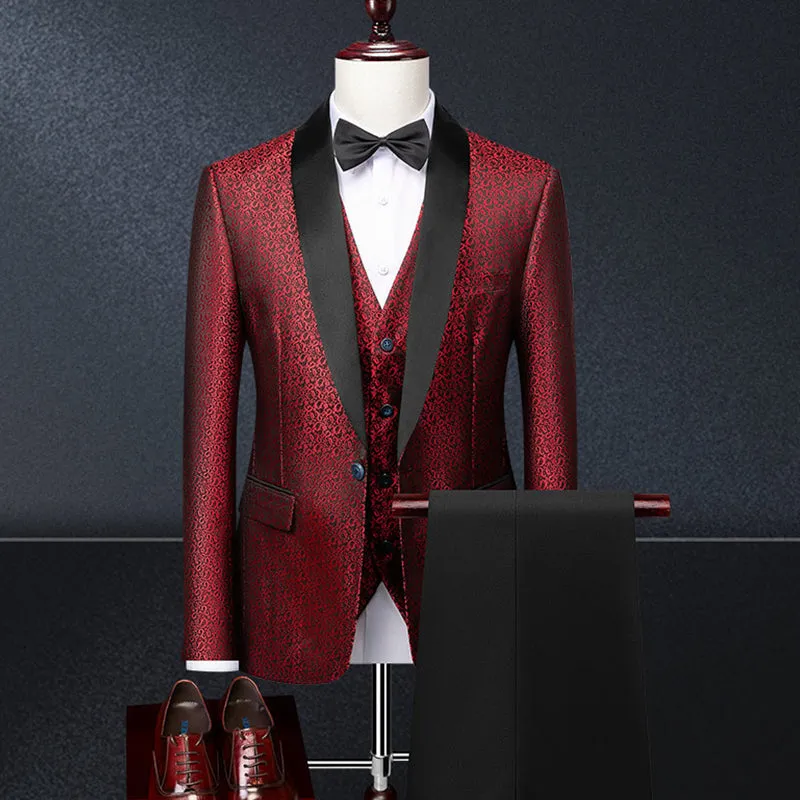 Desinger Men's Wine Red Elegant Jacquard 3 Piece Suit Tuxedo-1953