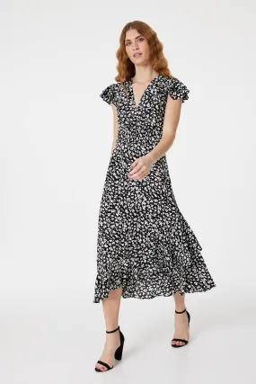 Ditsy Print V-Neck Frilled Midi Dress