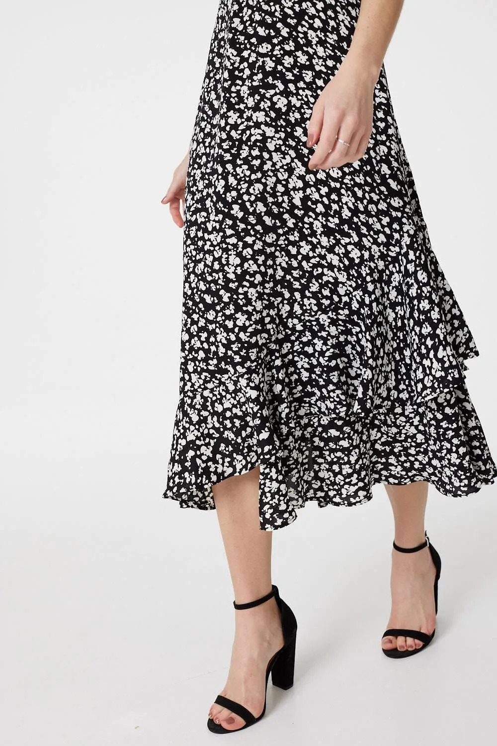 Ditsy Print V-Neck Frilled Midi Dress