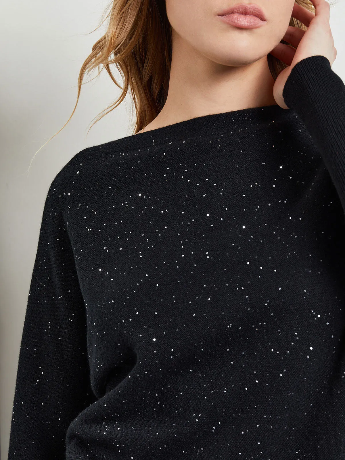 Dolman Sequin Cashmere Sweater, Black