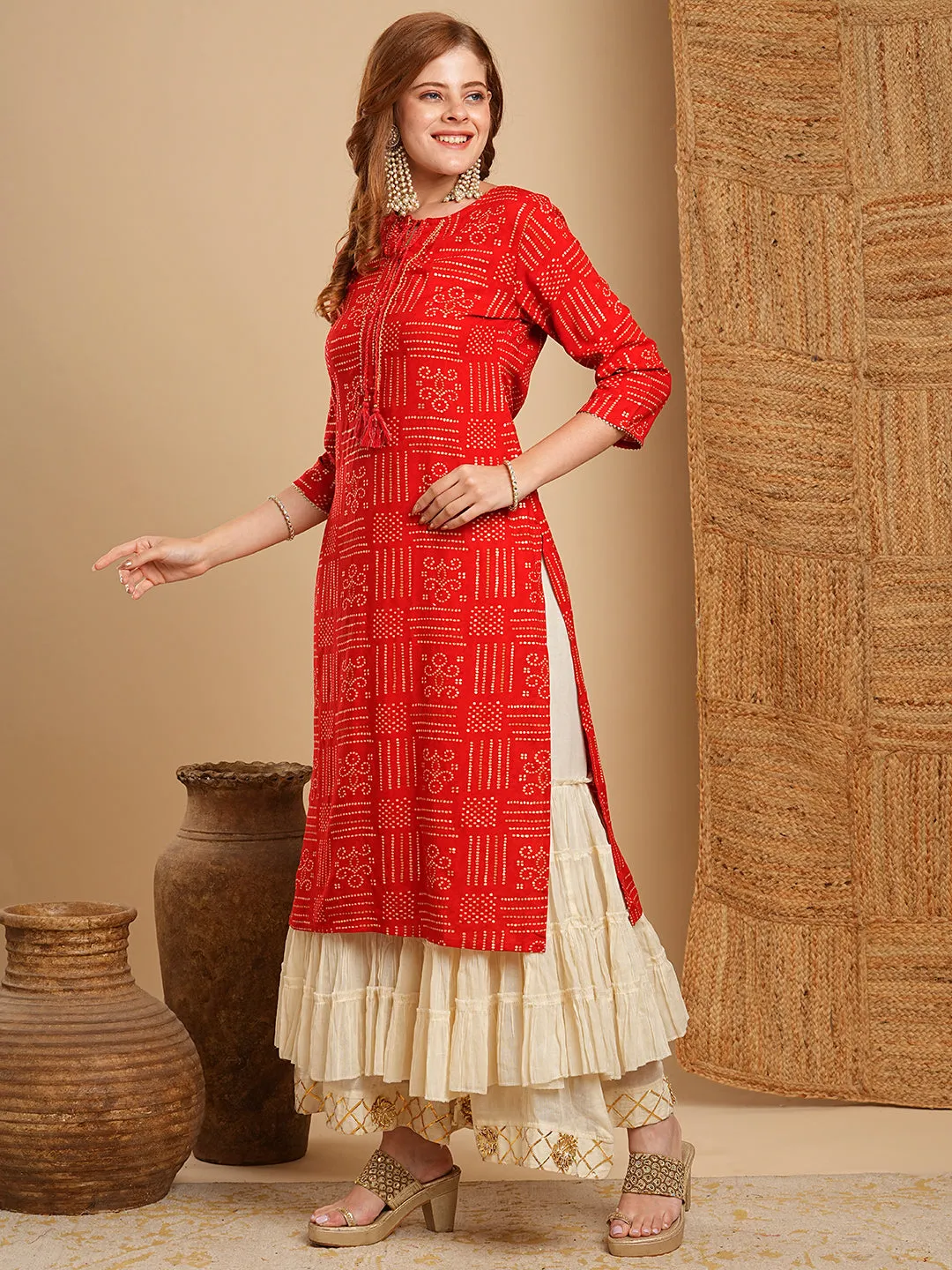 Ethnic Bandhani Foil Printed Straight Fit Kurta - Red