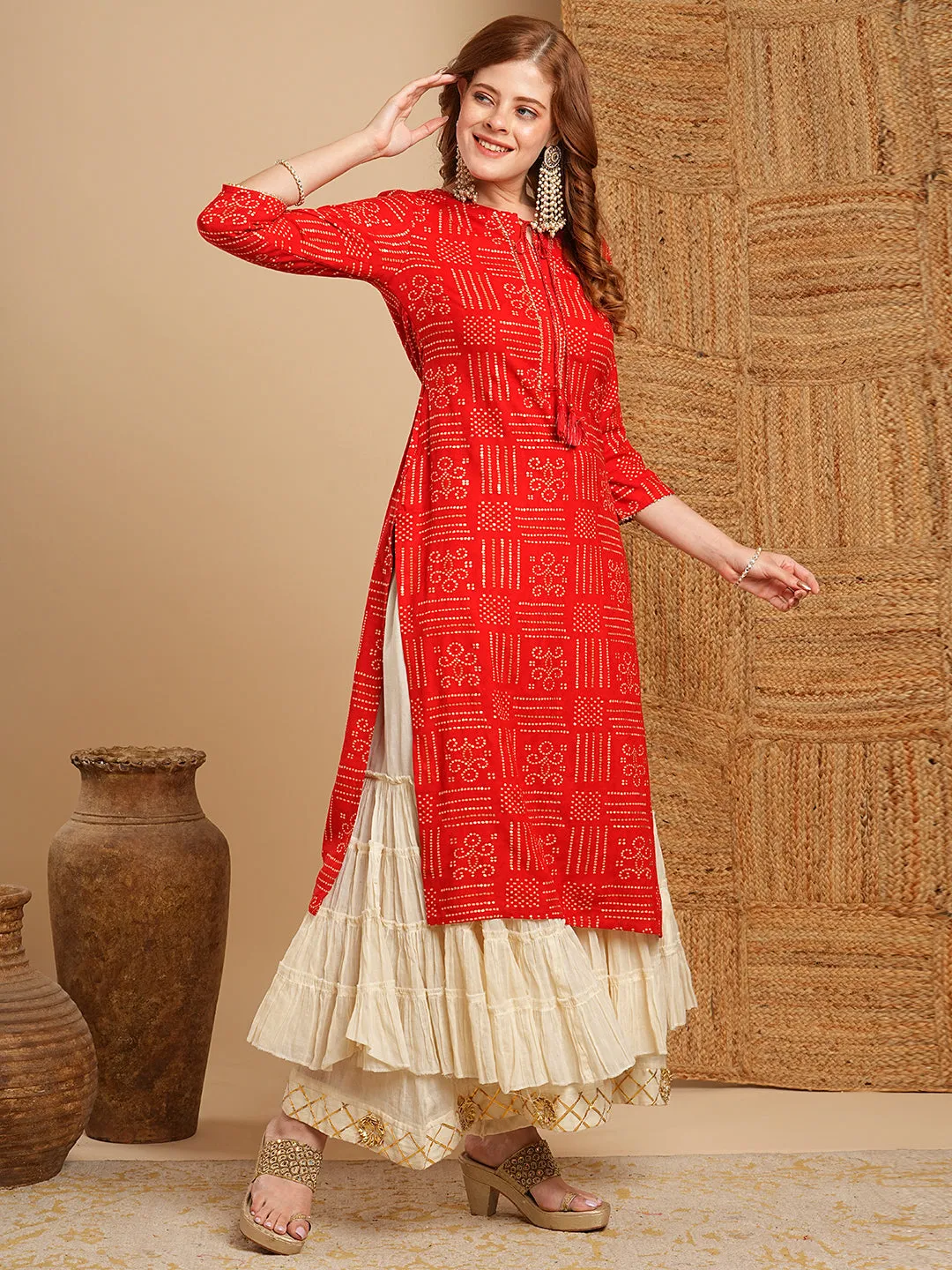 Ethnic Bandhani Foil Printed Straight Fit Kurta - Red