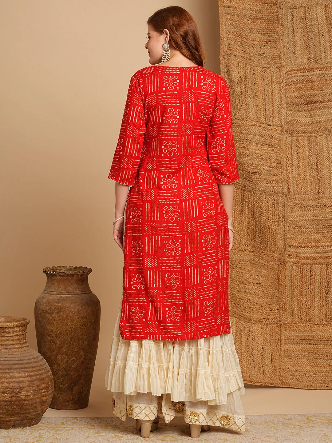 Ethnic Bandhani Foil Printed Straight Fit Kurta - Red