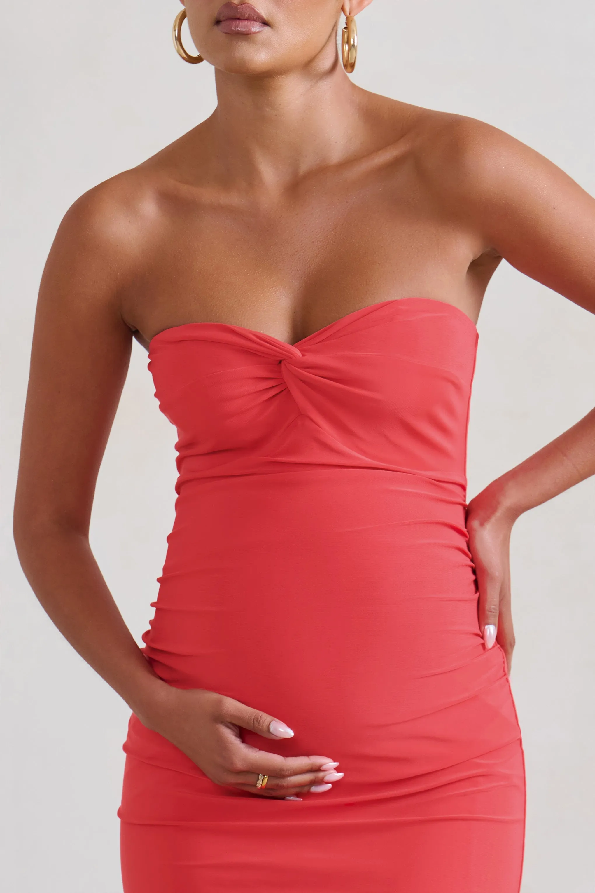 Evita | Coral Maternity Sweetheart Twist Detail Midi Dress