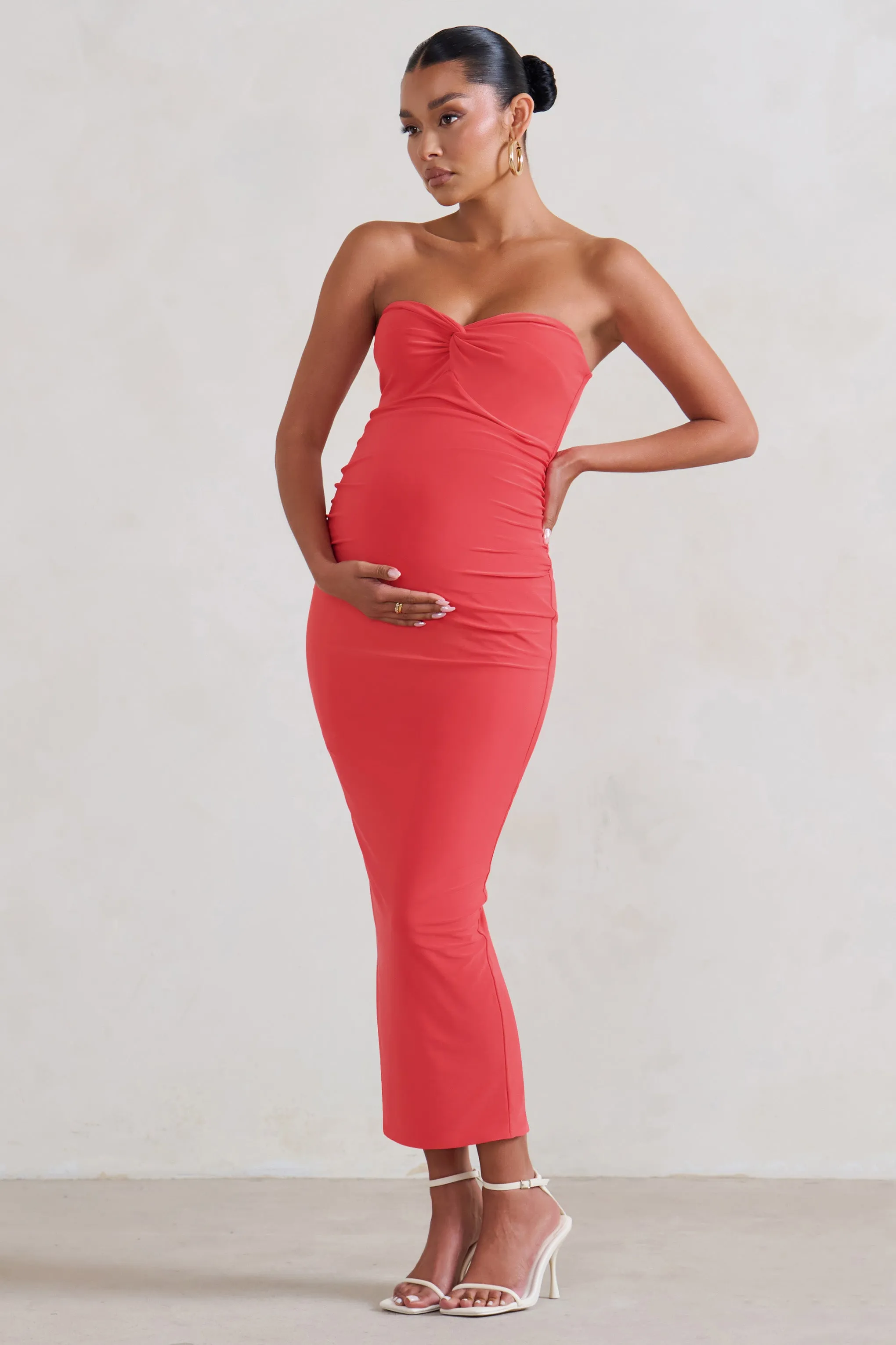 Evita | Coral Maternity Sweetheart Twist Detail Midi Dress