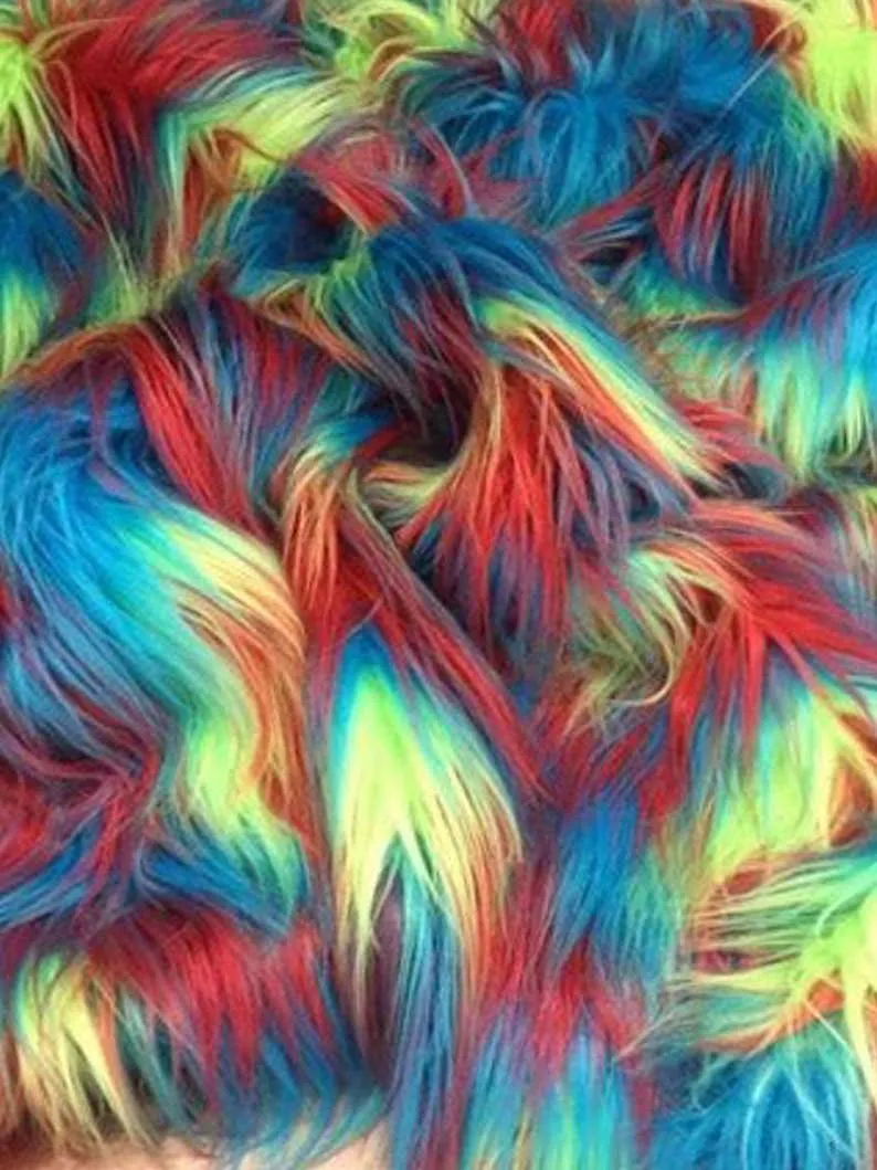 Faux Fake Fur 3 Tone Rainbow, Long Pile Fabric 60 Inches Width Sold by the Yard