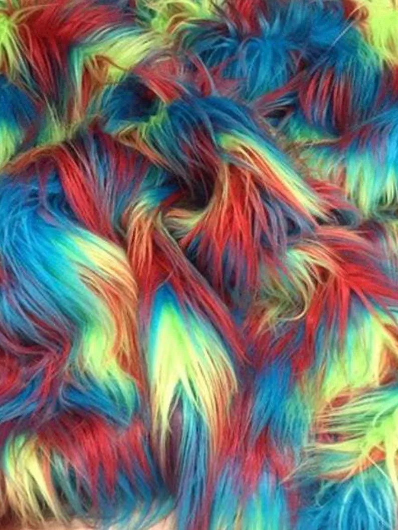 Faux Fake Fur 3 Tone Rainbow, Long Pile Fabric 60 Inches Width Sold by the Yard