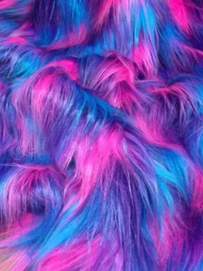 Faux Fake Fur 3 Tone Rainbow, Long Pile Fabric 60" Width Sold by Yard Turquoise