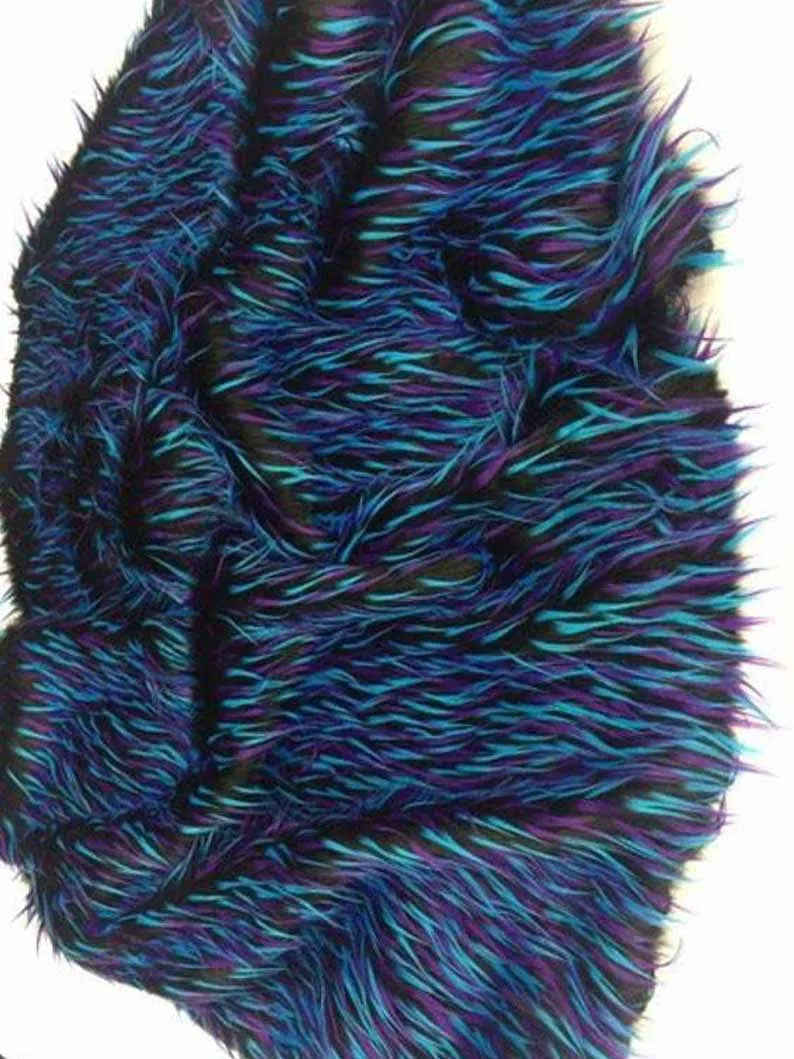 Faux Fake Fur 3 Tone Spiked Shaggy Long Pile Fabric, Black Turquoise Purple, Sold by The Yard