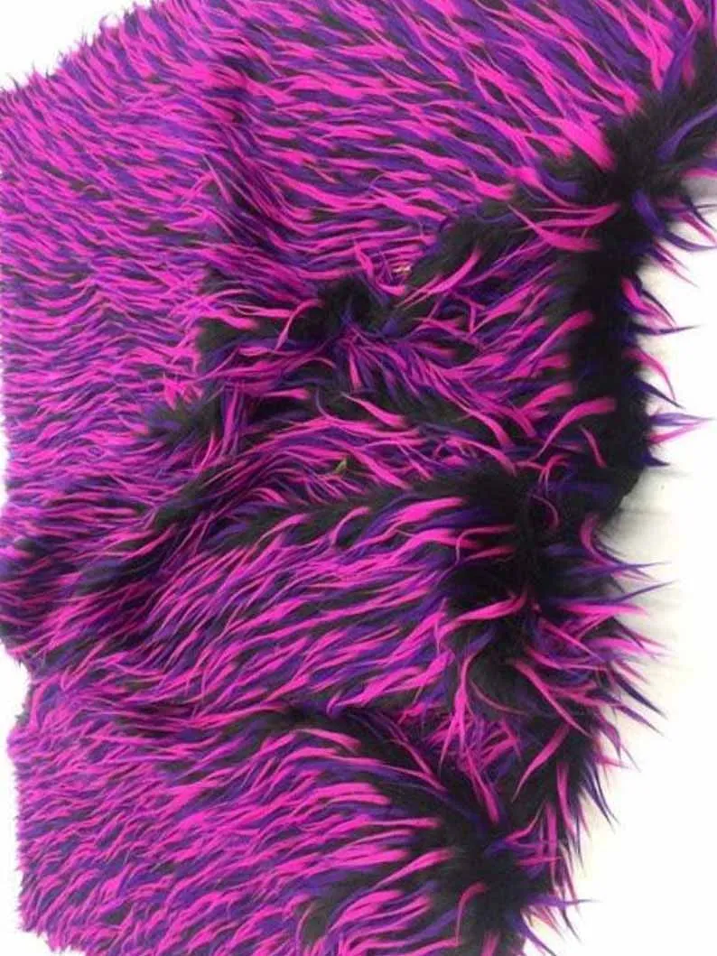 Faux Fake Fur 3 Tone Spiked Shaggy Long Pile Fabric, Purple Fuchsia on Black, Sold by The Yard