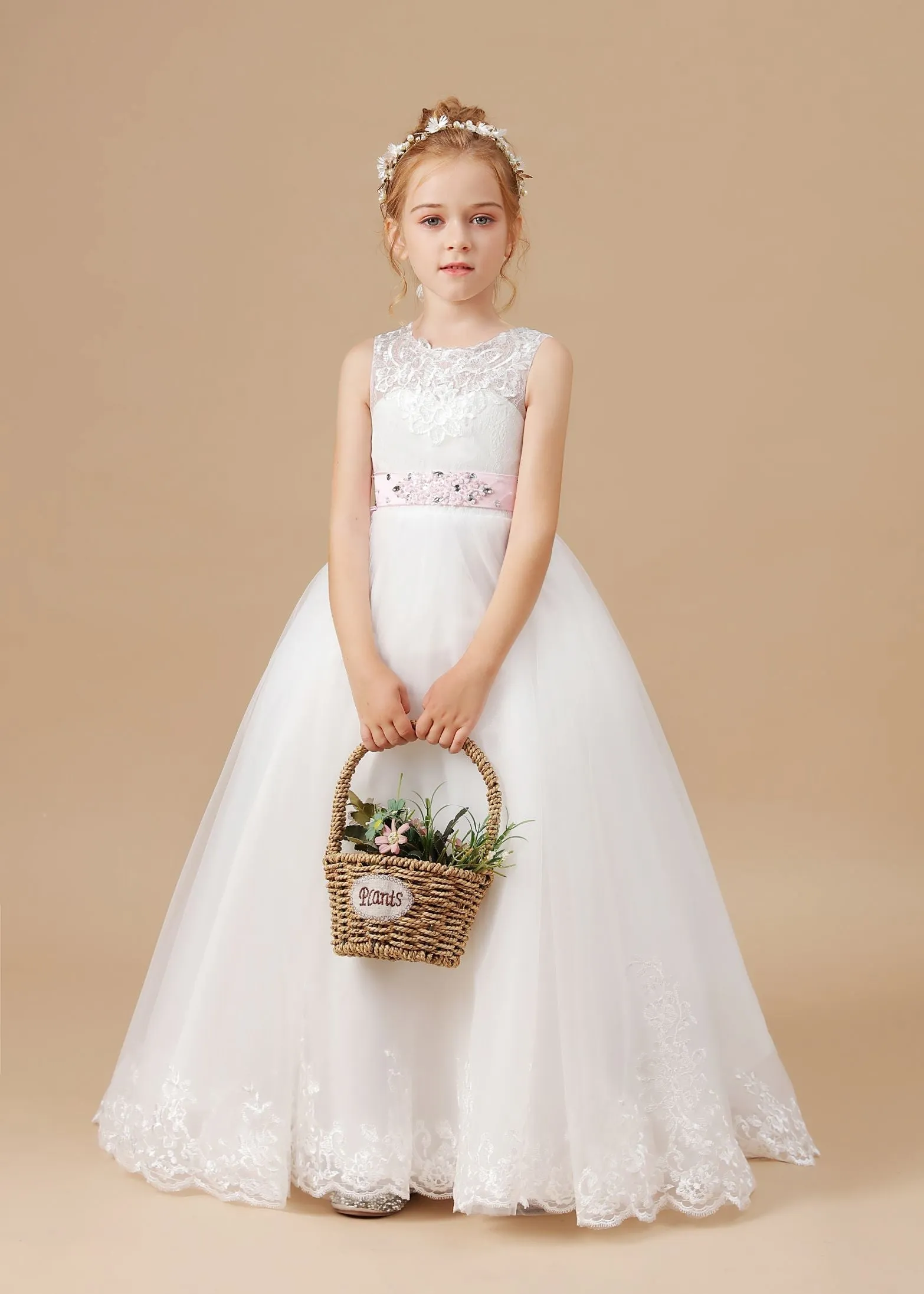 Floor-length Bowknot Tulle Satin Sleevelesss Lace Flower Girl Dresses