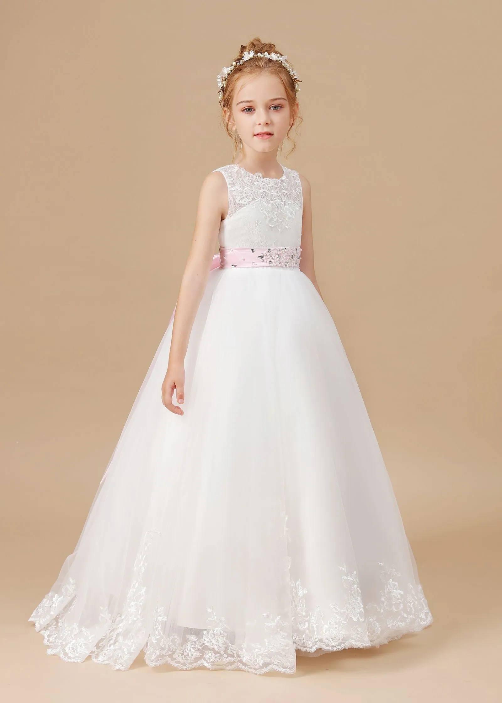 Floor-length Bowknot Tulle Satin Sleevelesss Lace Flower Girl Dresses