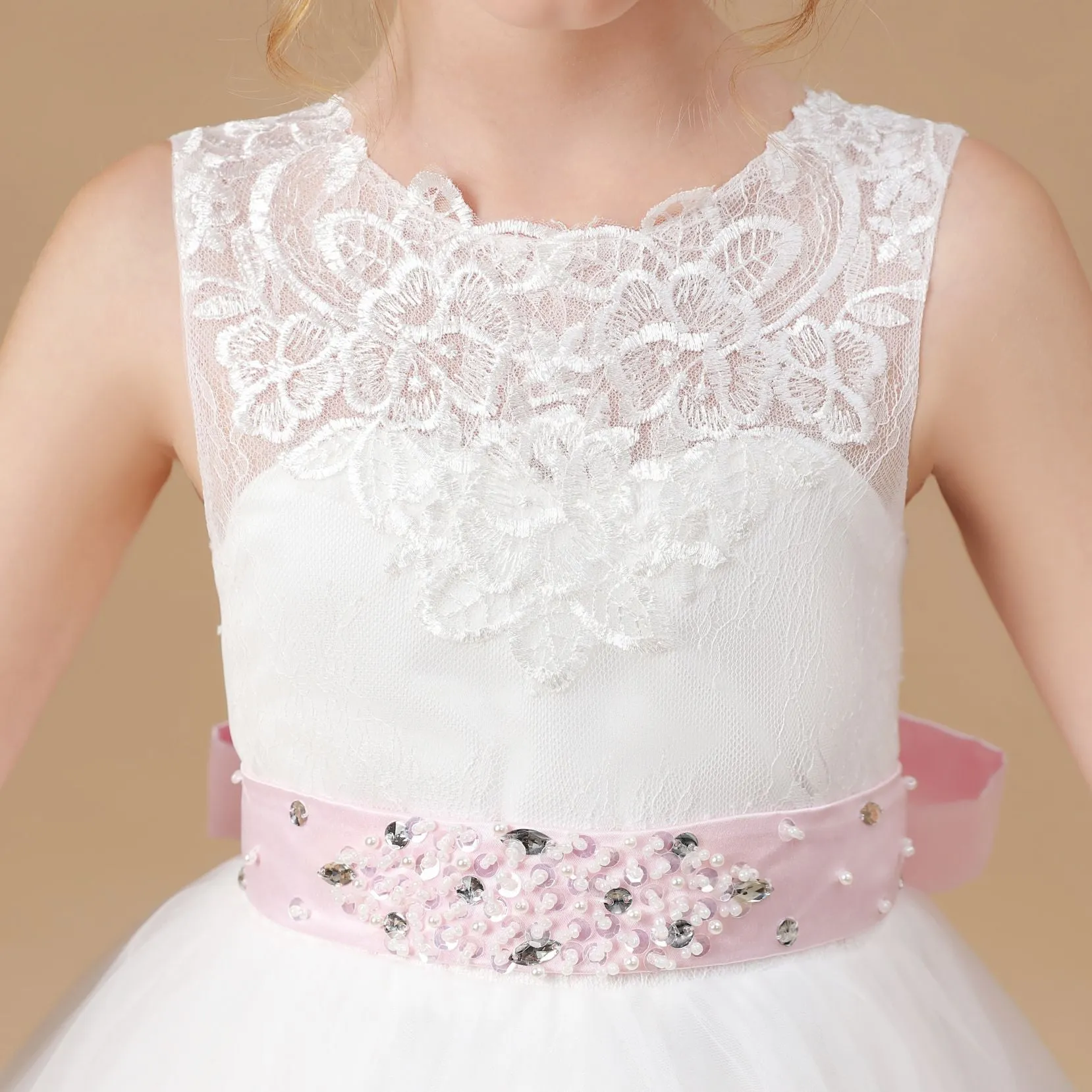 Floor-length Bowknot Tulle Satin Sleevelesss Lace Flower Girl Dresses