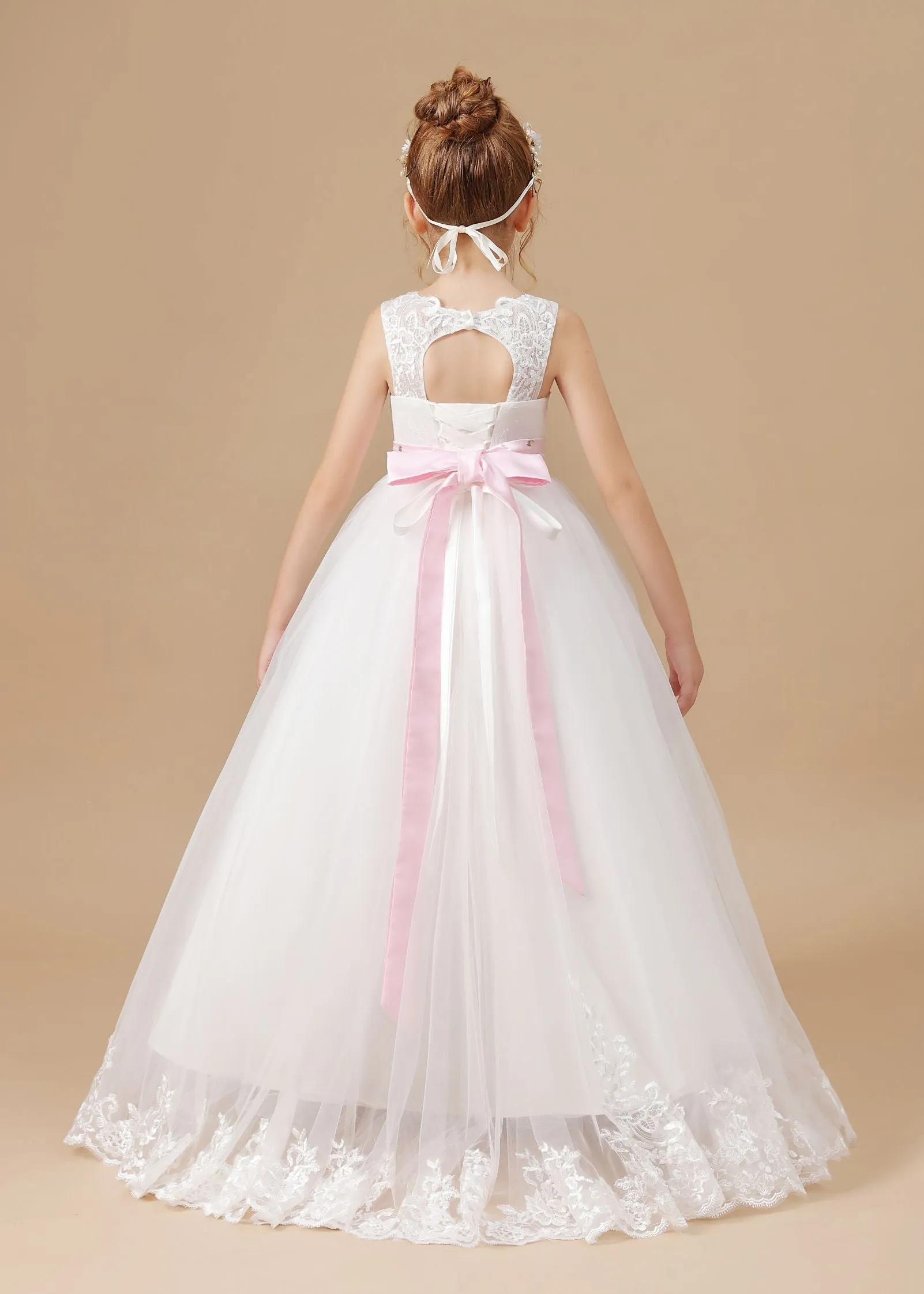 Floor-length Bowknot Tulle Satin Sleevelesss Lace Flower Girl Dresses