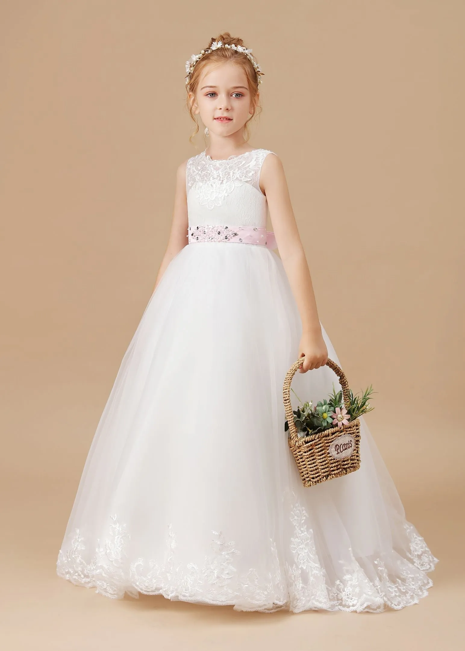 Floor-length Bowknot Tulle Satin Sleevelesss Lace Flower Girl Dresses