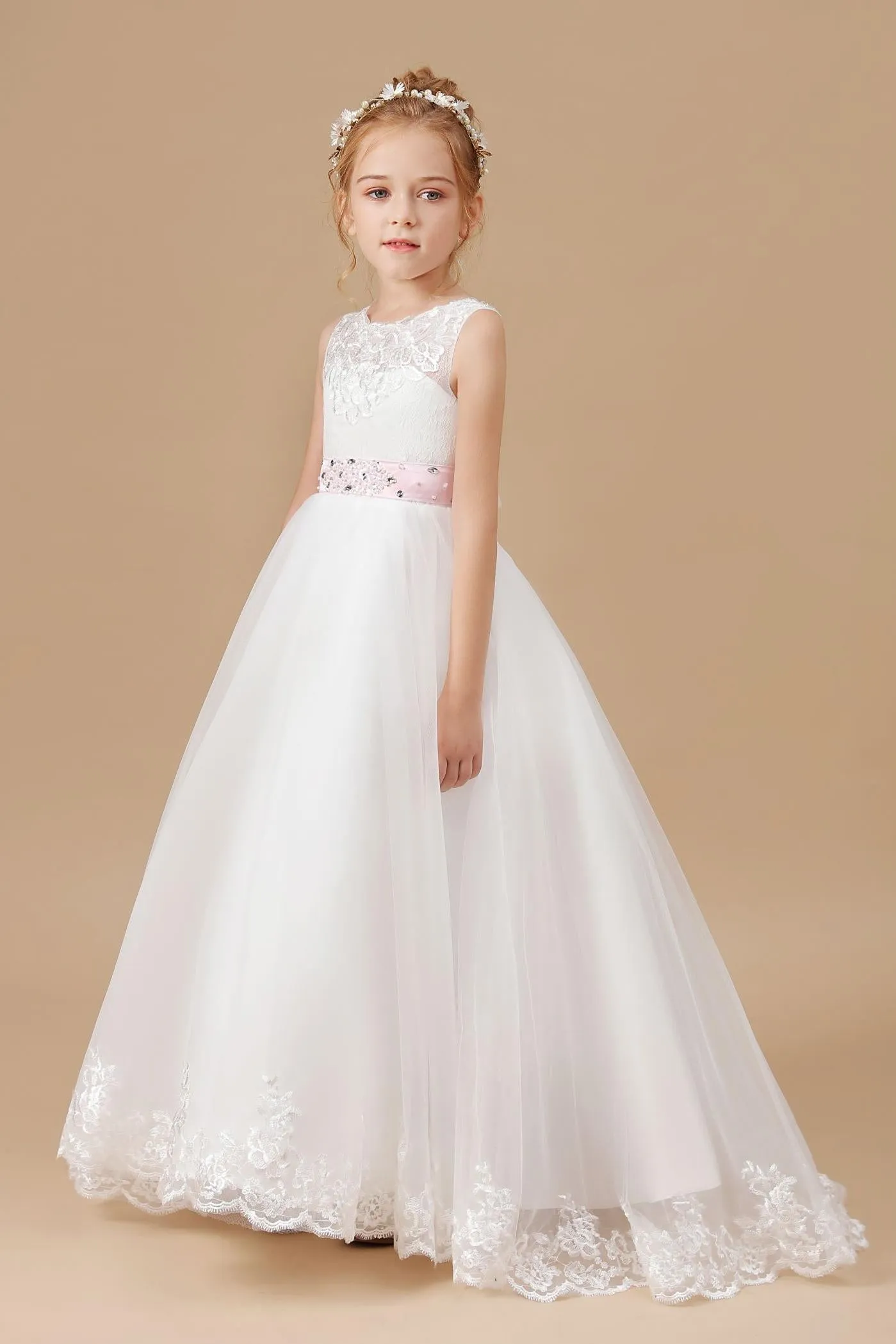 Floor-length Bowknot Tulle Satin Sleevelesss Lace Flower Girl Dresses