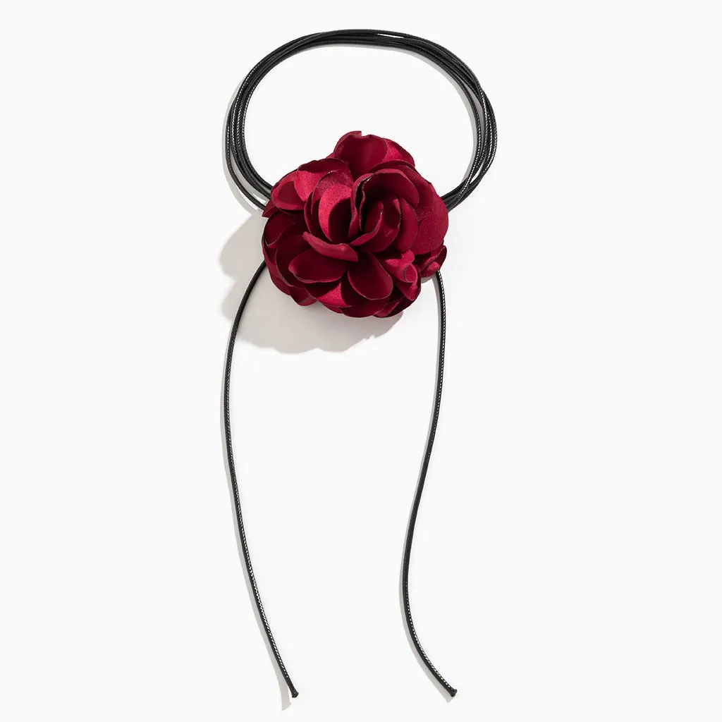 For You in Full Blossom Dreamy Silky 3D Rosette Tie Wrap Choker Necklace