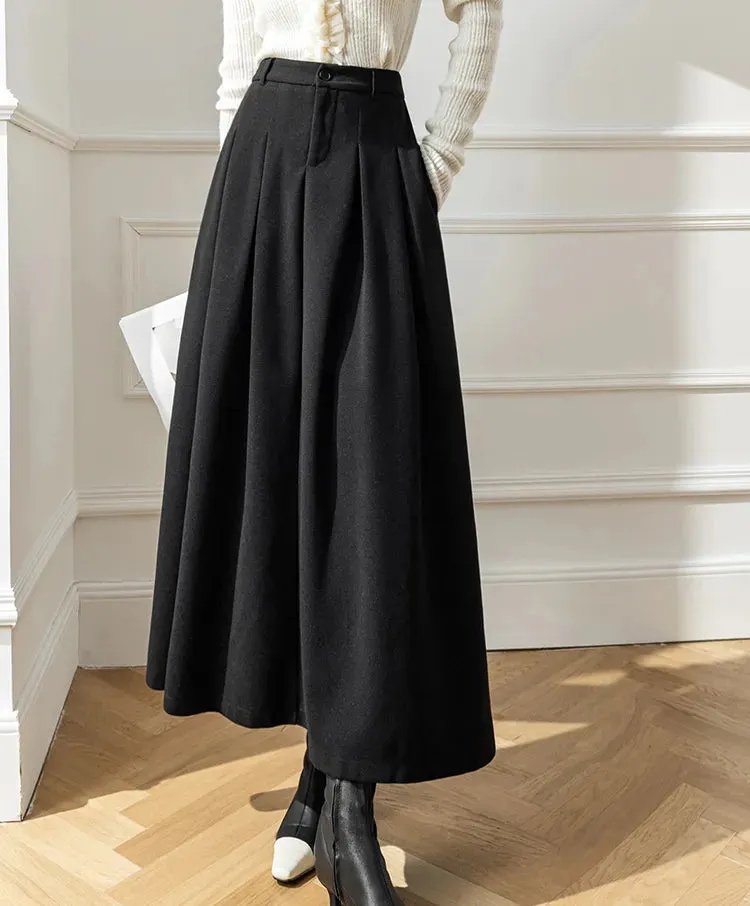 Getadme Elegant Women Woolen Skirts For Female Pockets Office Ladies Casual Loose A-Line High Waist Midi Skirt Autumn Winter Black Skir