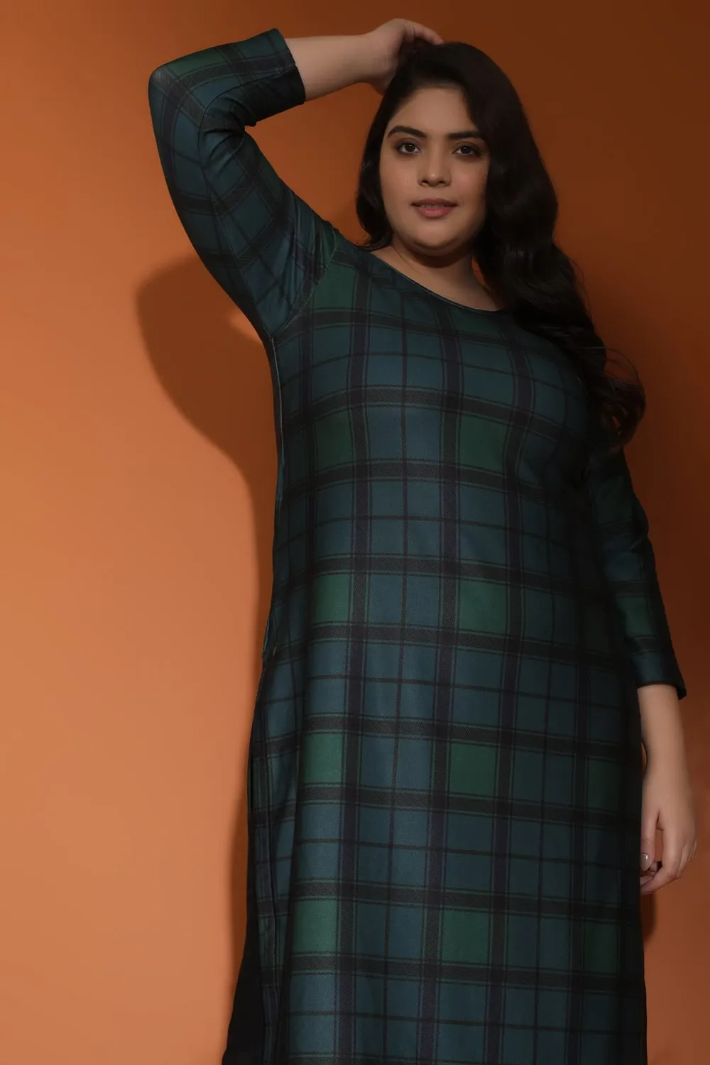 Green Checkered Art Woolen Winter kurti