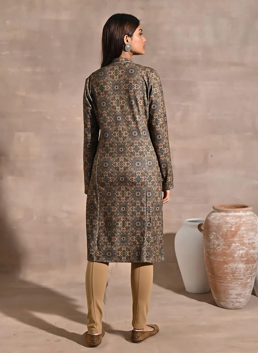 Green Geometric Print Woolen Kurta with Decorative Placket