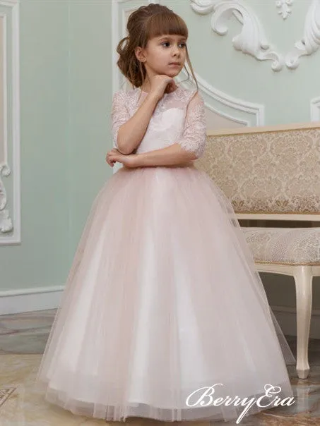 Half Sleeves Princess Blush Pink Lace Tulle Flower Girl Dresses