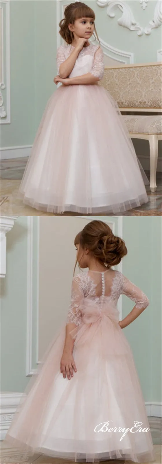 Half Sleeves Princess Blush Pink Lace Tulle Flower Girl Dresses