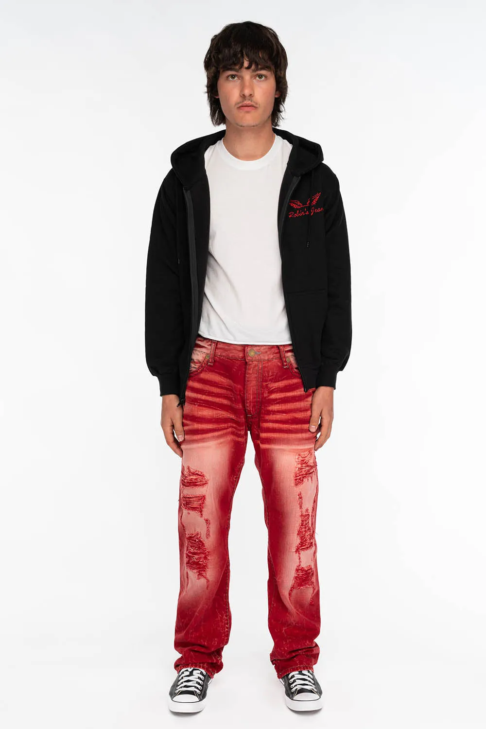 HEAVY STITCH JEANS IN F-UP RED WITH WHITE CONTRAST