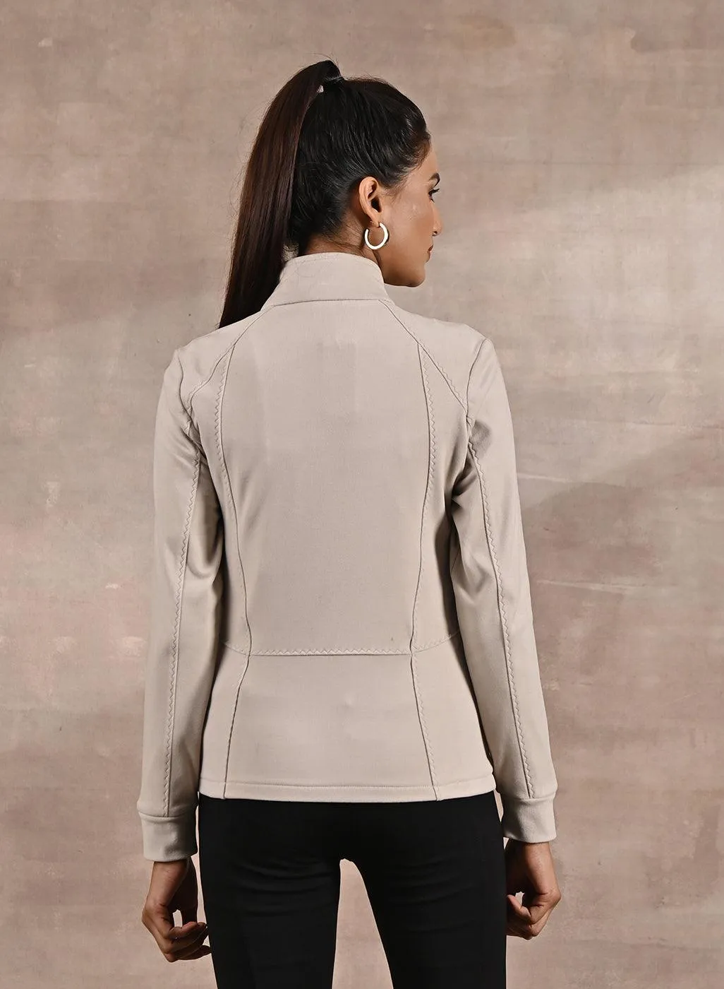 Ivory Woolen High Neck Jacket with Zip Front