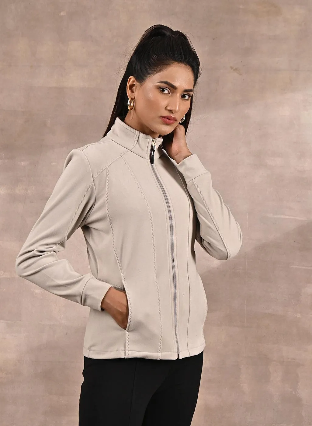 Ivory Woolen High Neck Jacket with Zip Front