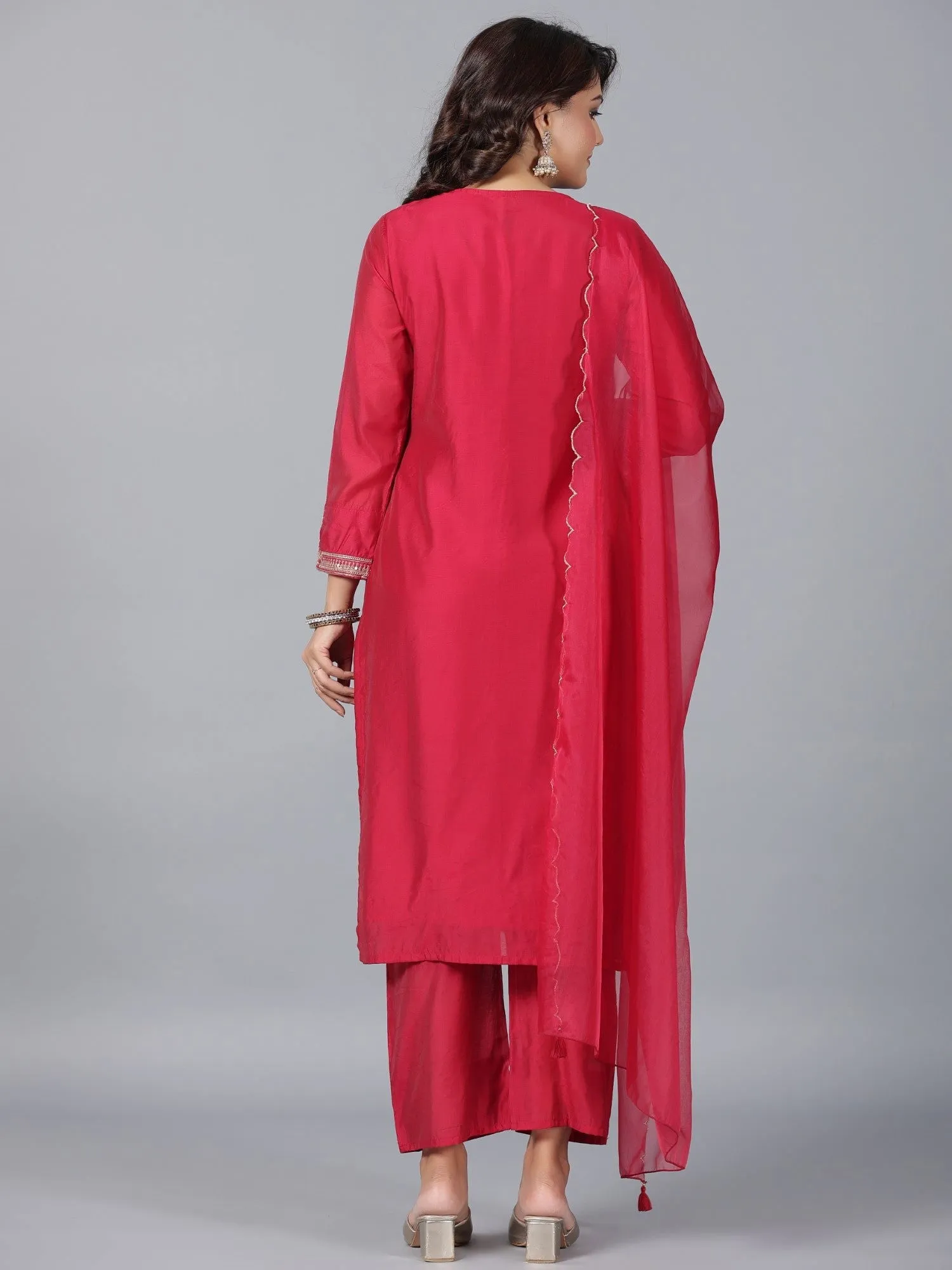 Juniper  Red Ethnic Motif Printed Chanderi Embroidered Kurta, Pants & Dupatta Set With Dori Work