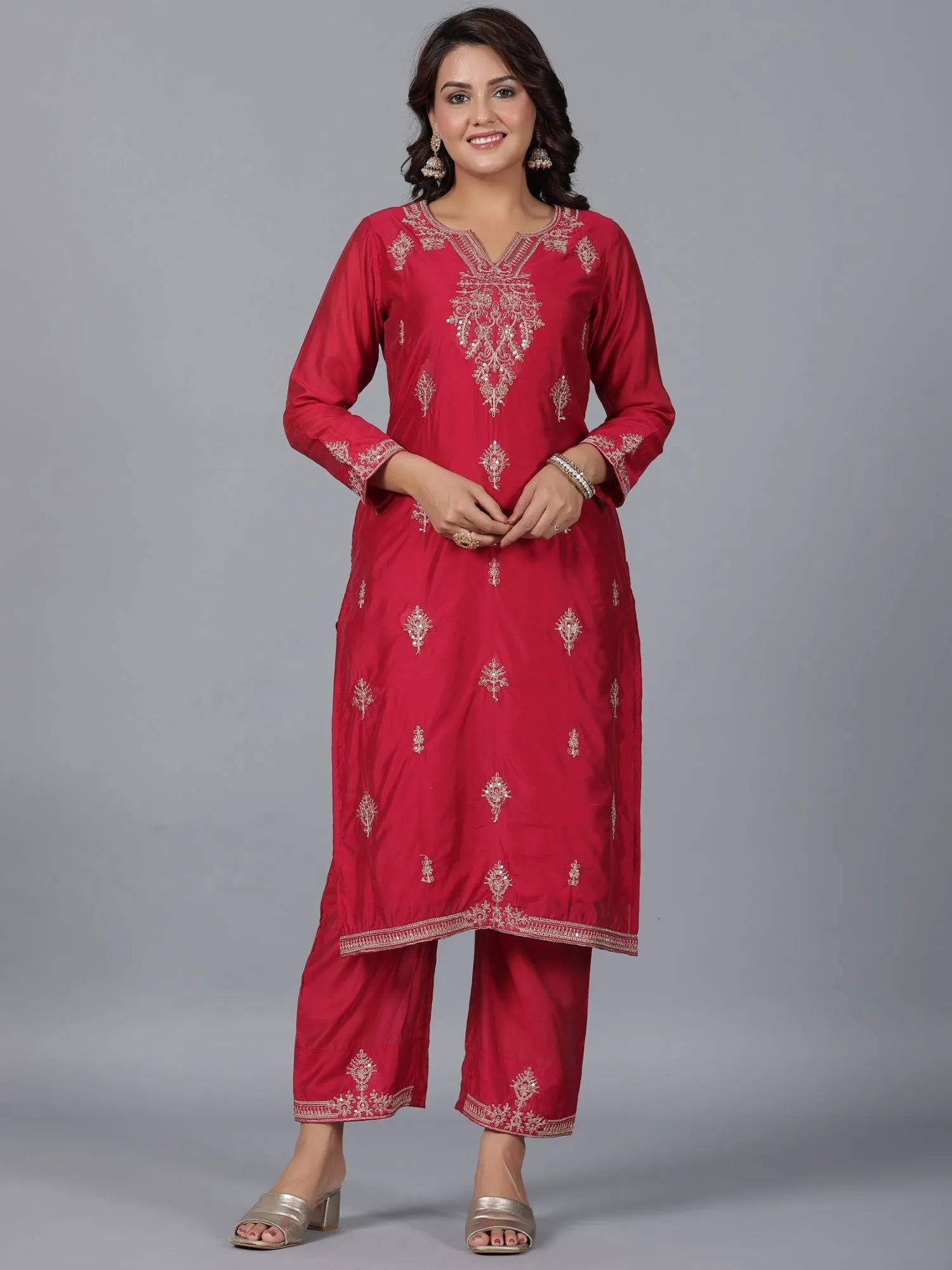 Juniper  Red Ethnic Motif Printed Chanderi Embroidered Kurta, Pants & Dupatta Set With Dori Work