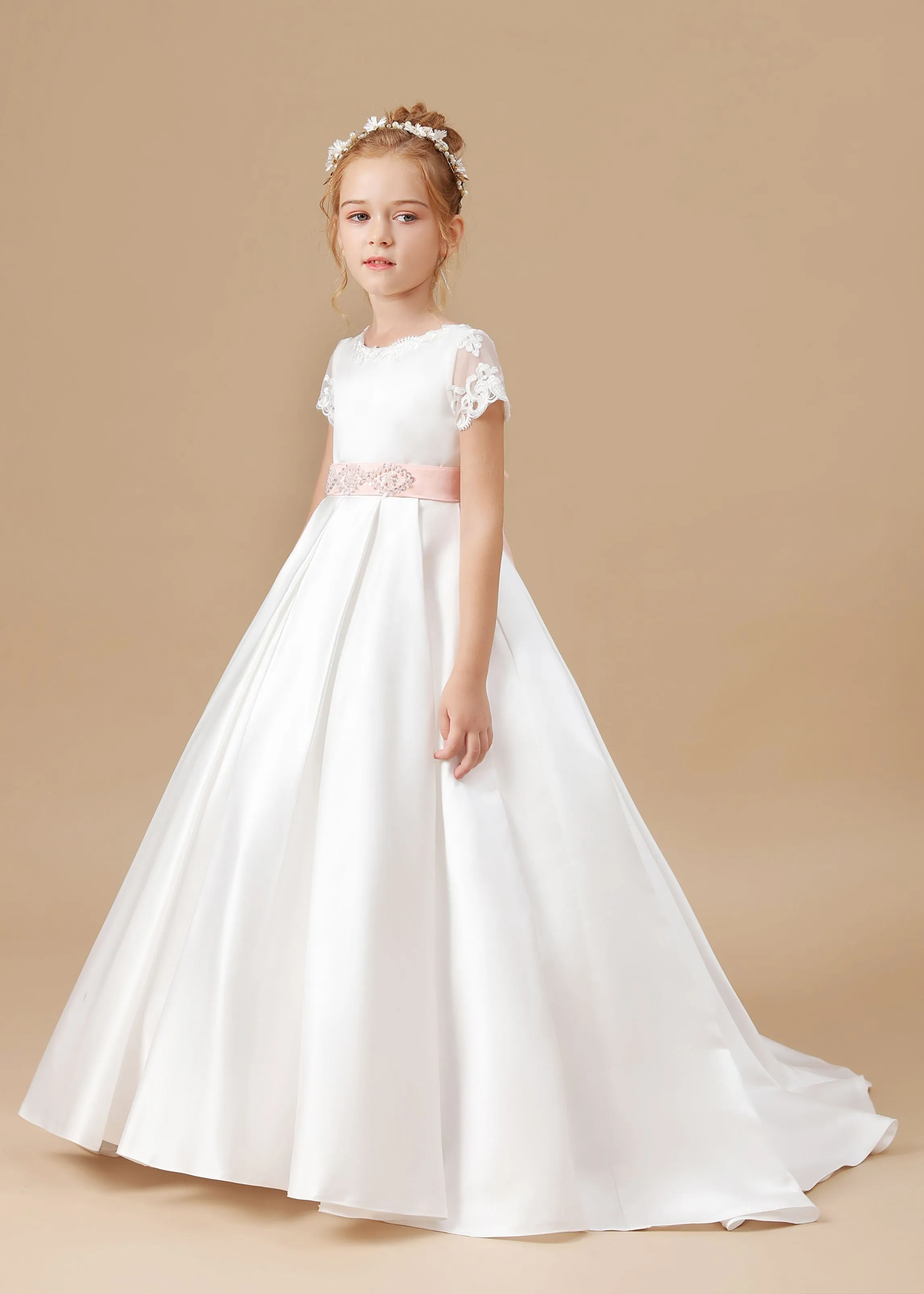 Lace Satin Ivory Long Flower Girl Dress With Pink Bowknot