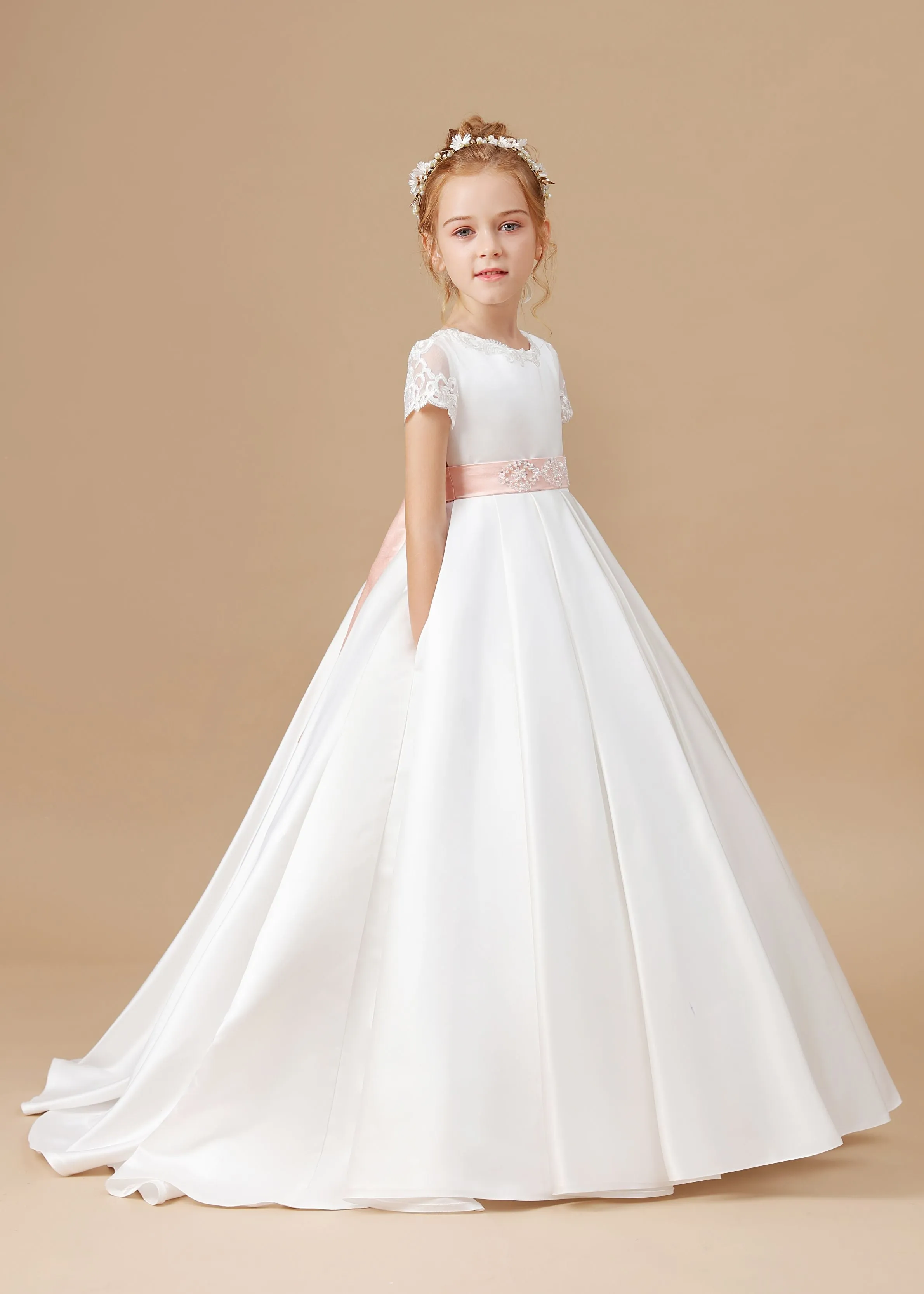 Lace Satin Ivory Long Flower Girl Dress With Pink Bowknot