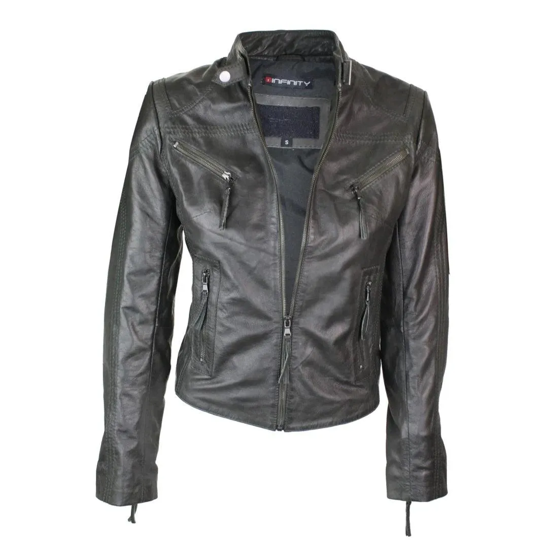 Ladies Womens Real Leather Vintage Slim Fit Biker Leather Jacket