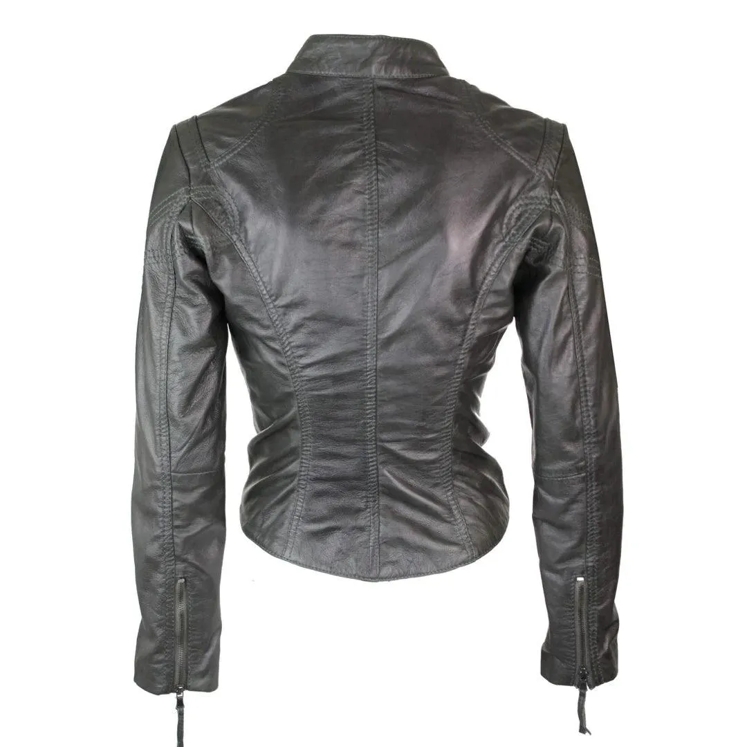 Ladies Womens Real Leather Vintage Slim Fit Biker Leather Jacket