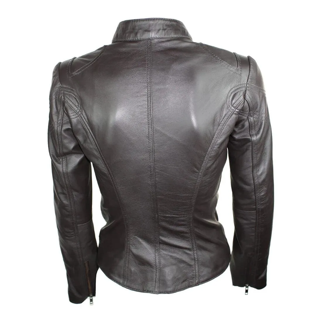 Ladies Womens Real Leather Vintage Slim Fit Biker Leather Jacket