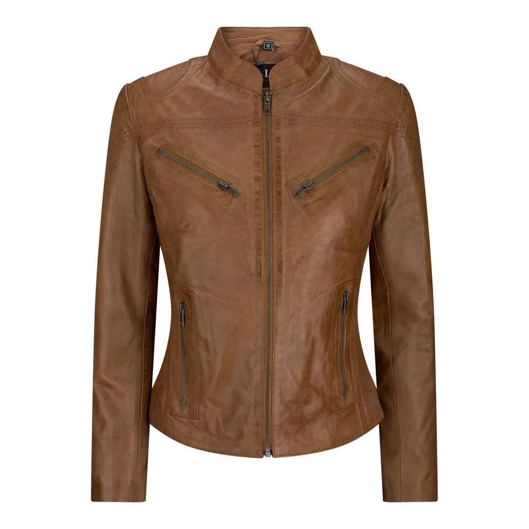 Ladies Womens Real Leather Vintage Slim Fit Biker Leather Jacket