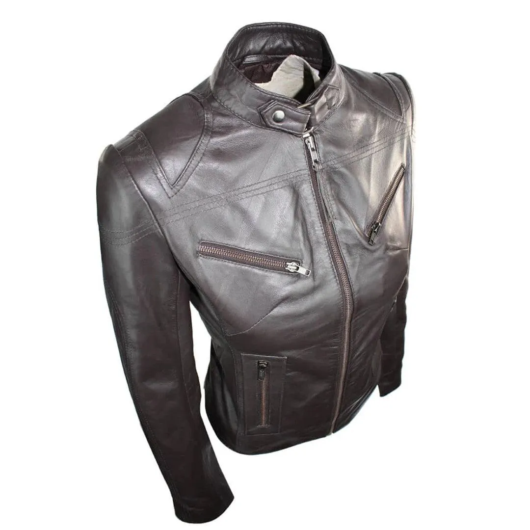 Ladies Womens Real Leather Vintage Slim Fit Biker Leather Jacket