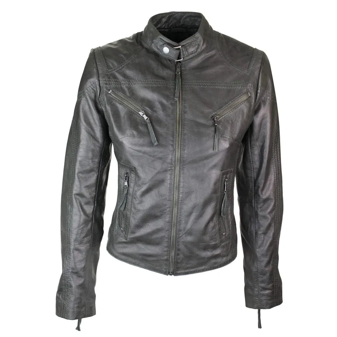 Ladies Womens Real Leather Vintage Slim Fit Biker Leather Jacket