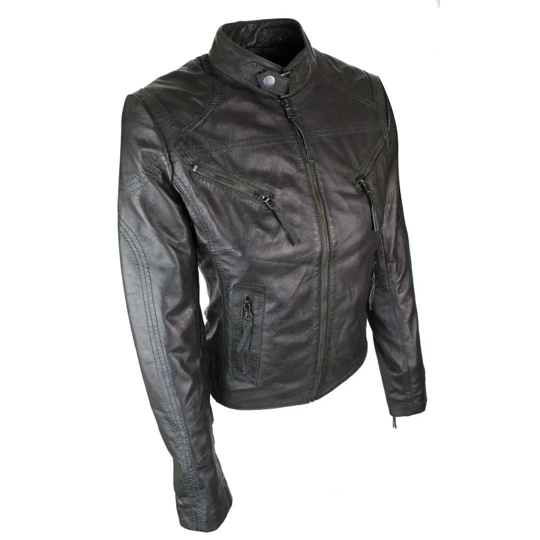 Ladies Womens Real Leather Vintage Slim Fit Biker Leather Jacket