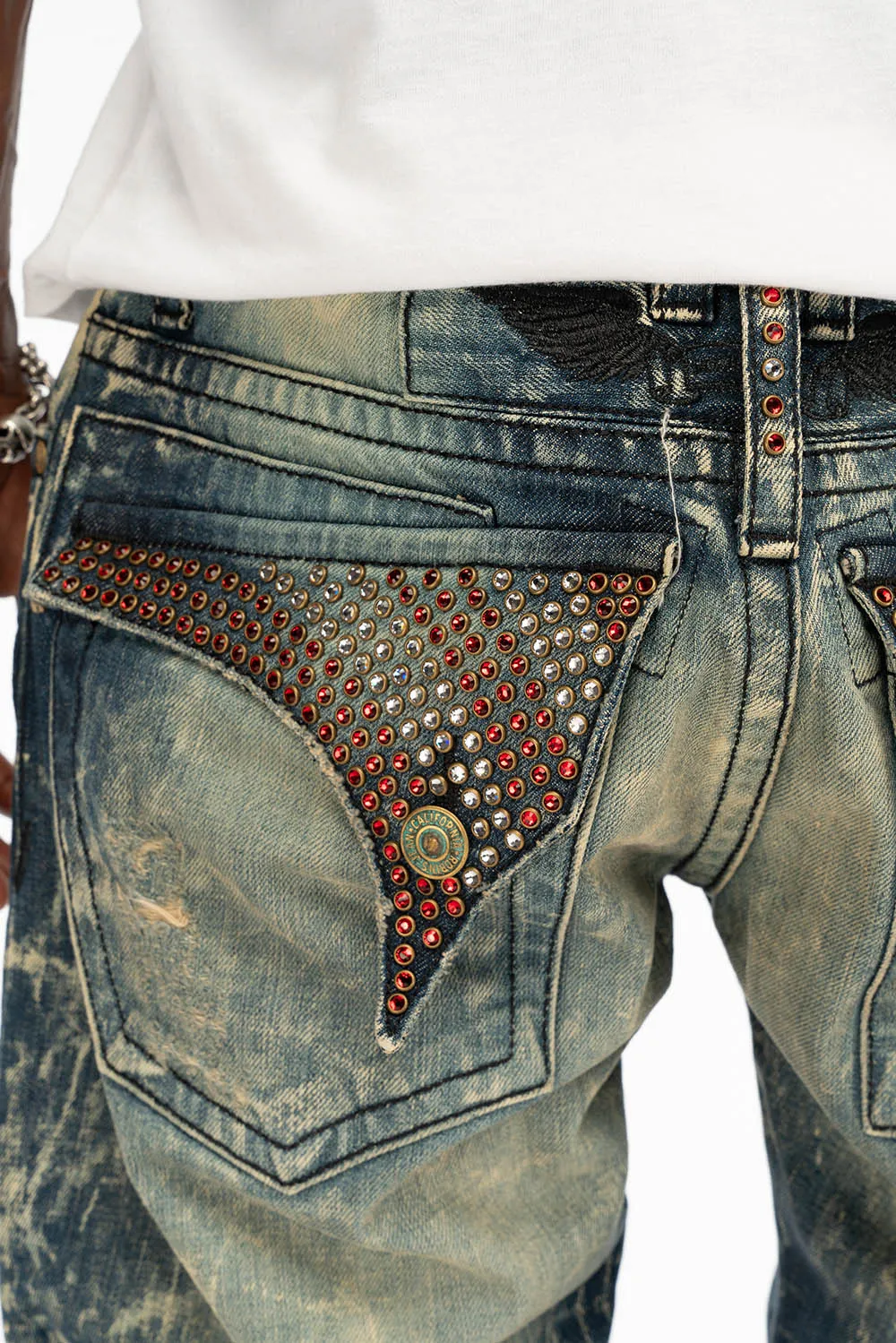 LONG FLAP STRAIGHT DESTROY DENIM JEANS WITH CRYSTALS IN 4D DARK BROKEN