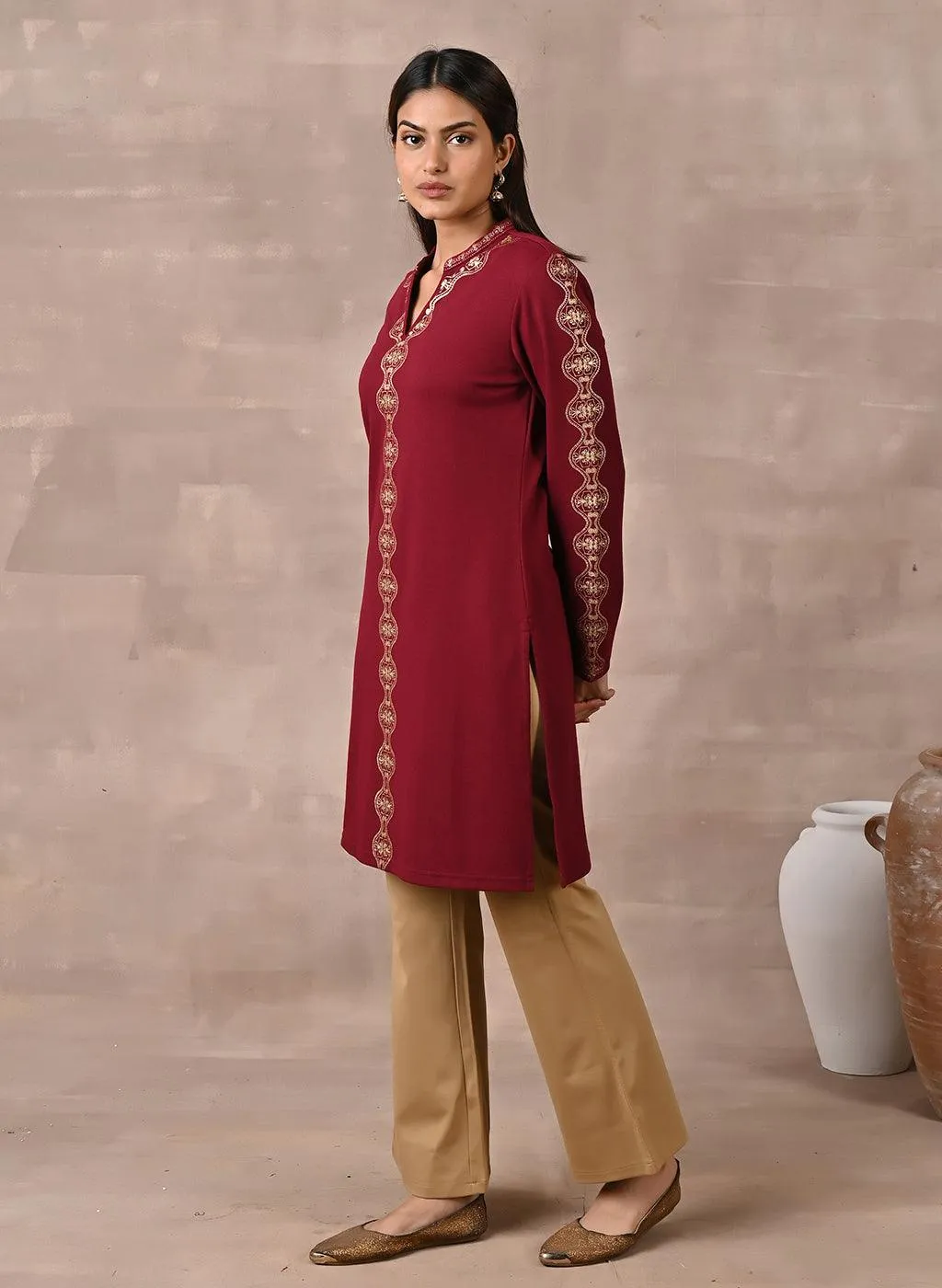 Maroon Solid Woolen Kurti with Foil Print