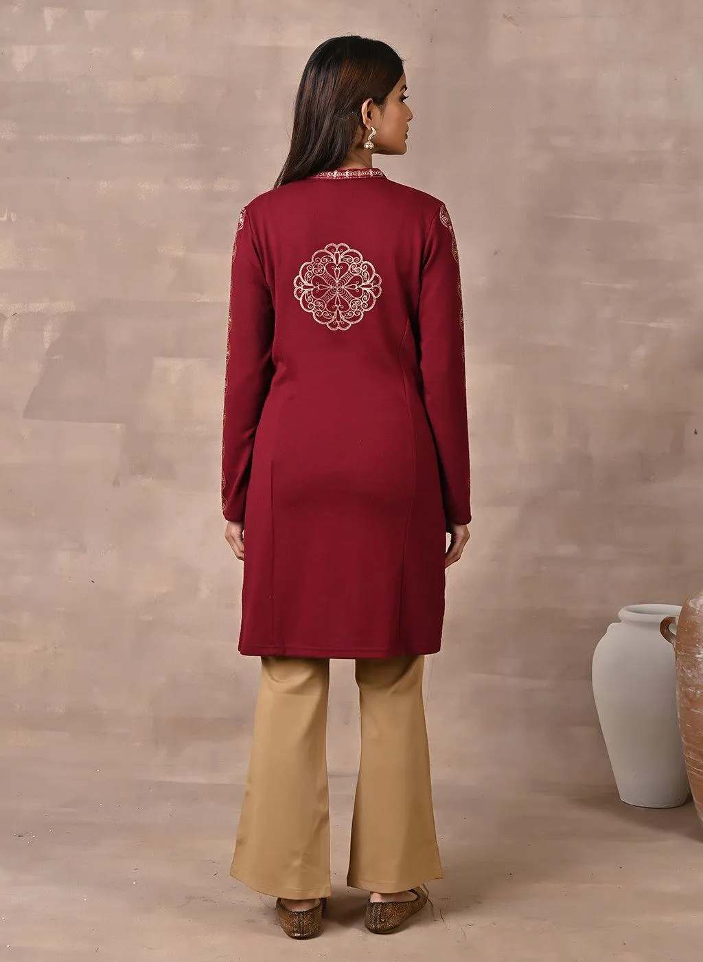 Maroon Solid Woolen Kurti with Foil Print