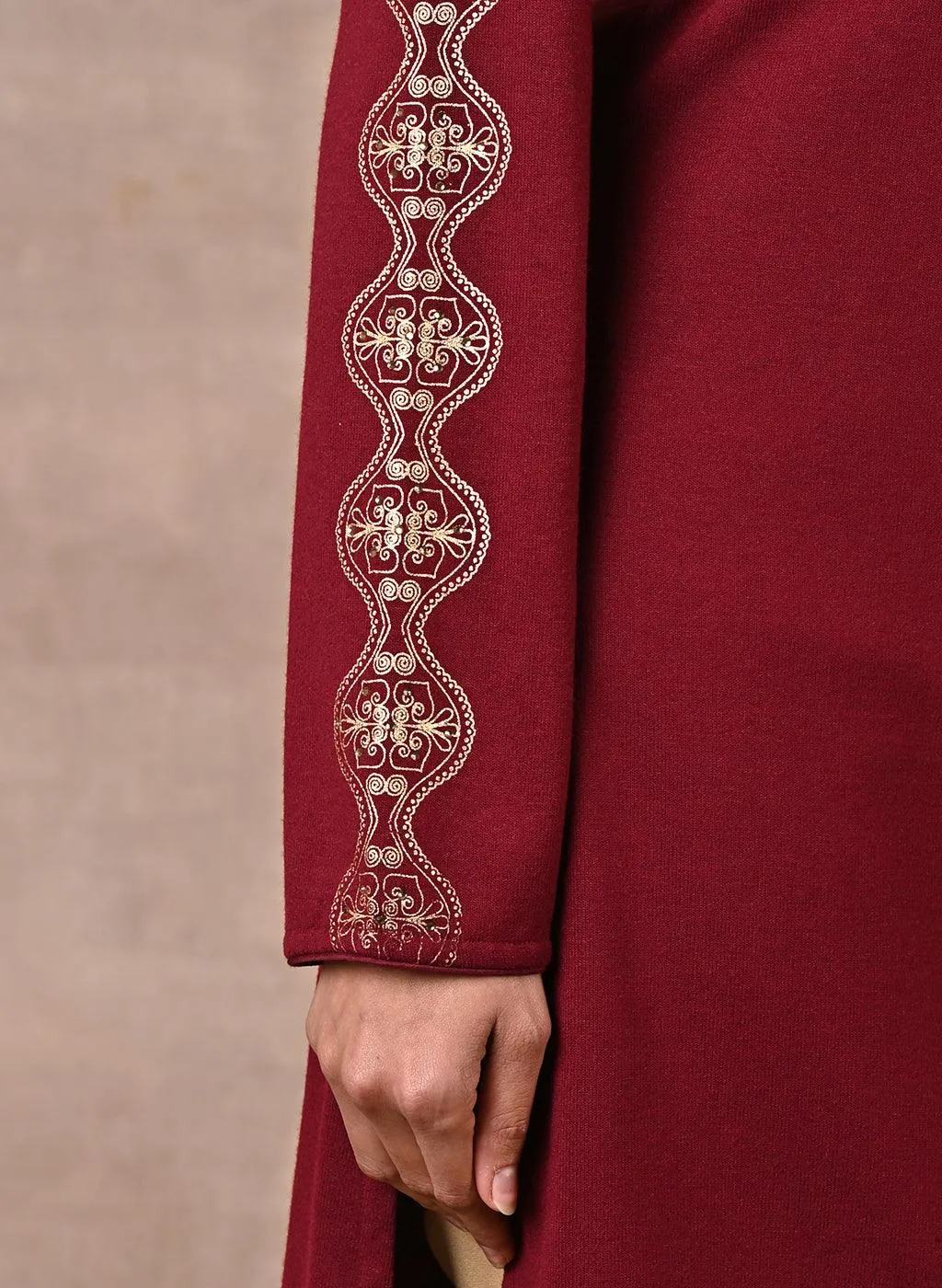 Maroon Solid Woolen Kurti with Foil Print