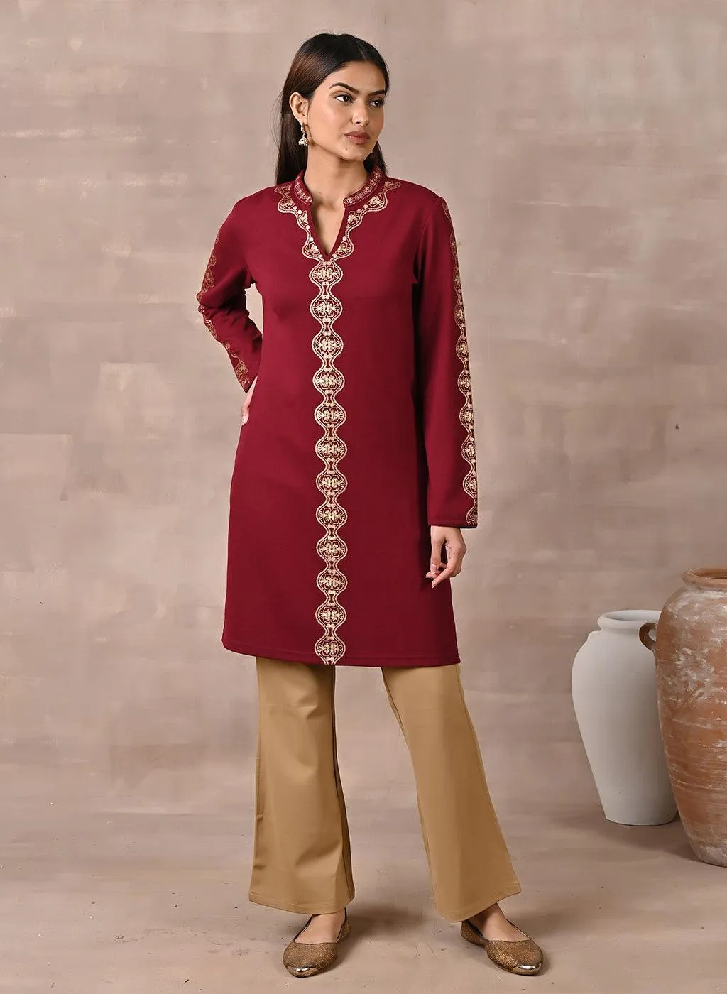 Maroon Solid Woolen Kurti with Foil Print